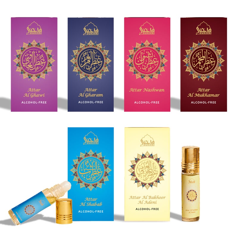 Dukhni Yemeni Attar Oil Set Arabian Perfume Oils 6 Assorted scents x 6ml Mini roll ons Arabic Oud Fragrance Oil Authentic Alcohol Free Vegan Collection Set for Gifting
